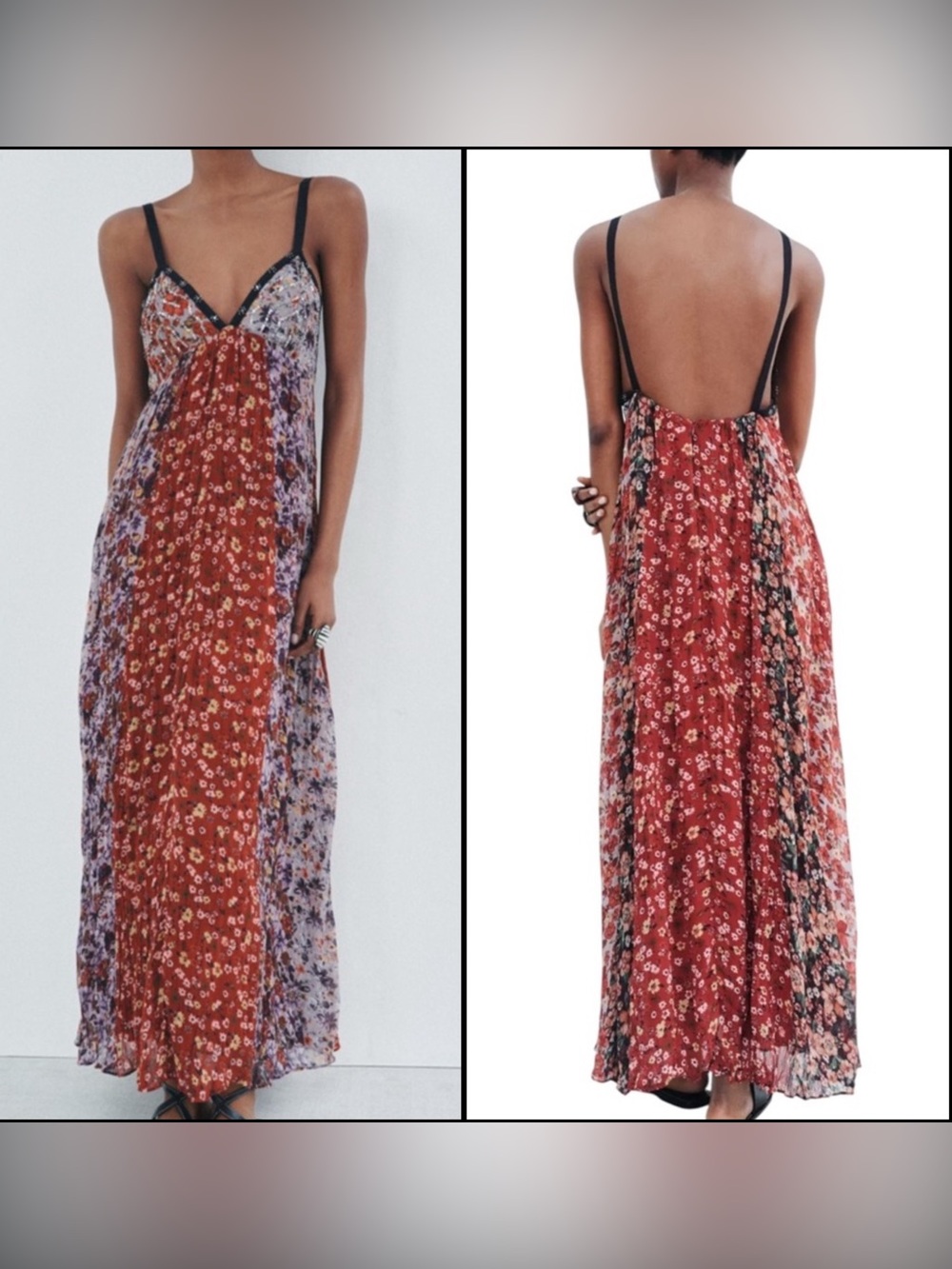 NWT ZARA Floral Sequin V-Neck Empire Waist Maxi Dress Boho Hippie